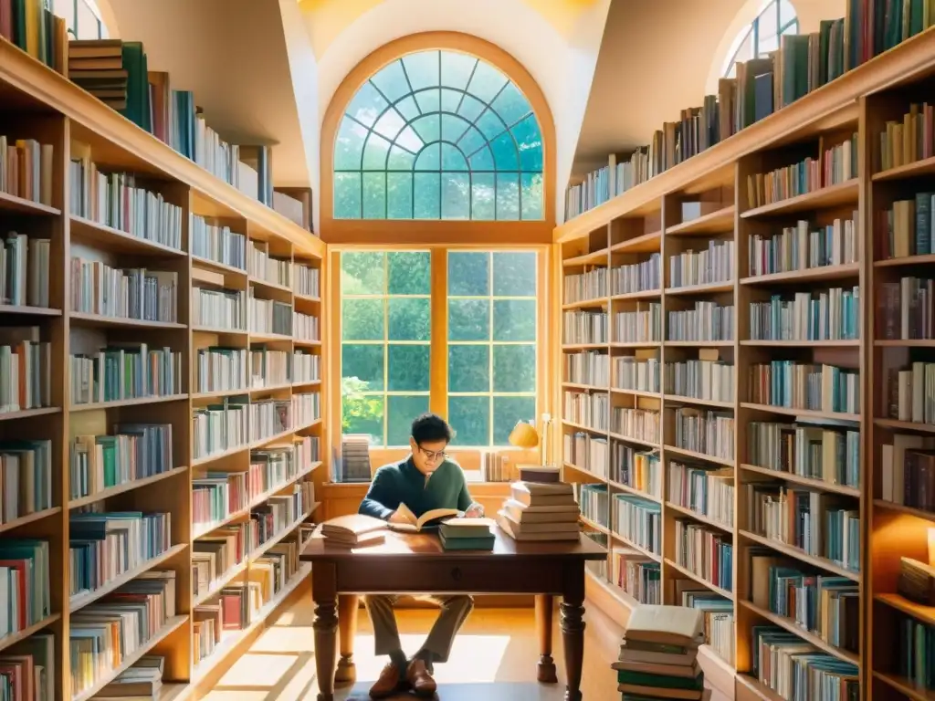 Detallada acuarela de una biblioteca llena de libros coloridos, con luz dorada filtrándose, creando una atmósfera de tranquilidad y riqueza poética