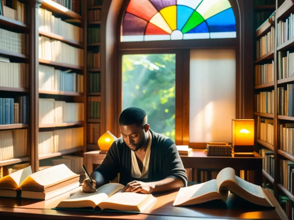 Detallada acuarela de una biblioteca multilingüe, con antiguos pergaminos y libros de poesía, iluminada por rayos de sol a través de vitrales