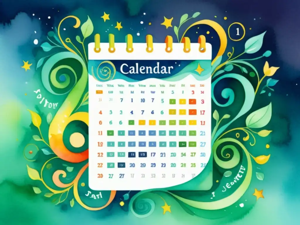 Detallada acuarela de un calendario digital con ilustraciones poéticas vibrantes y caprichosas