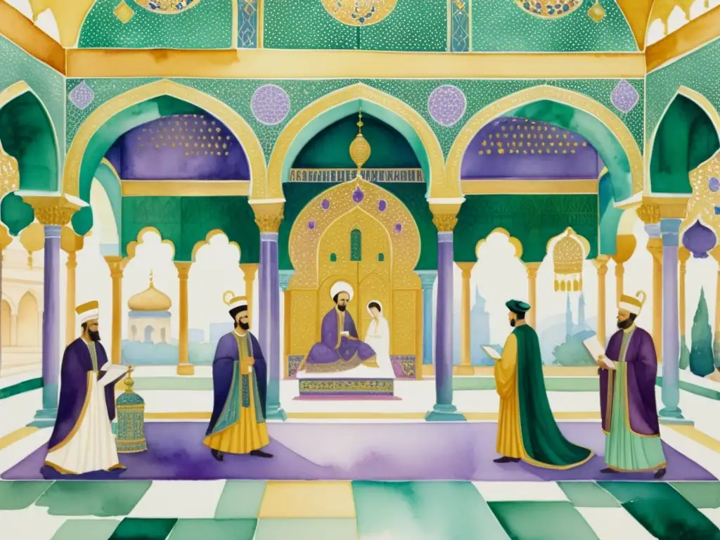 Detallada acuarela de una escena de corte bizantina, con nobles elegantes recitando poesía en medio de una opulenta arquitectura y exquisitos mosaicos