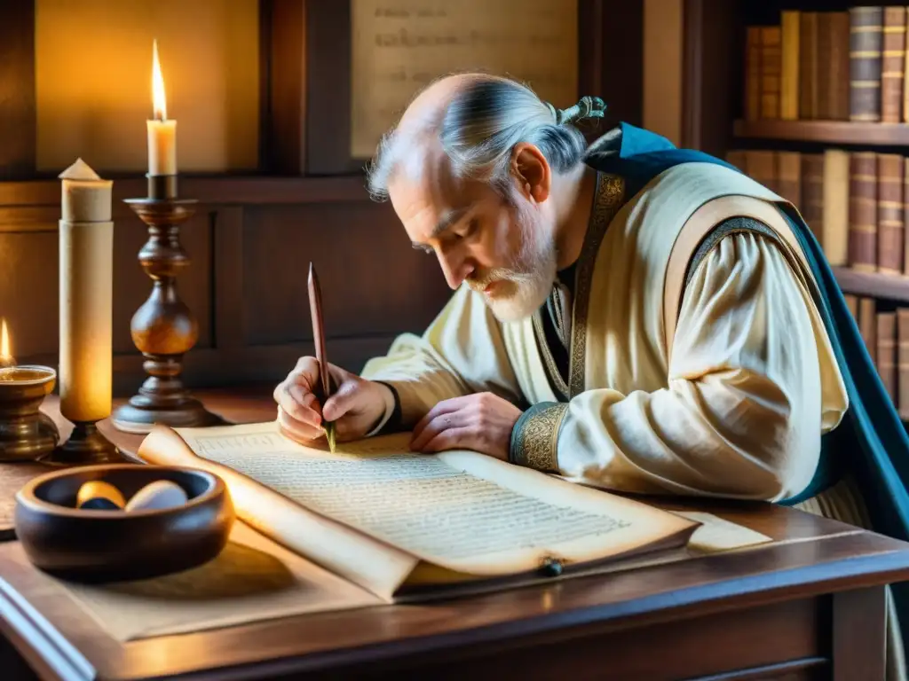 Un ilustración detallada en acuarela de un escriba medieval transcribiendo una poesía en un manuscrito ornado