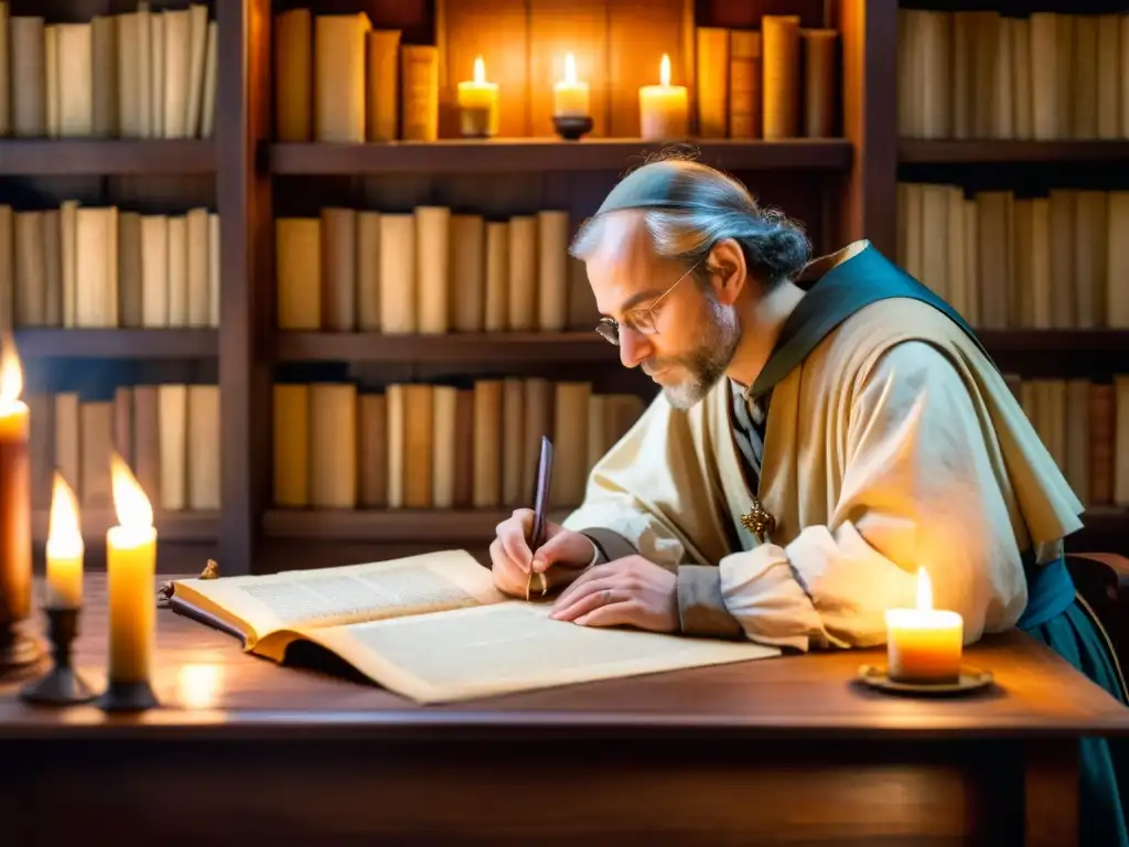 Un ilustración detallada en acuarela de un escriba medieval copiando un poema en pergamino con pluma, iluminado por luz de vela