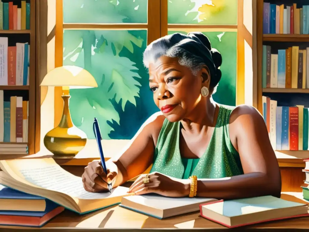 Una detallada acuarela de Maya Angelou en su escritorio, rodeada de libros, con luz suave y cálida