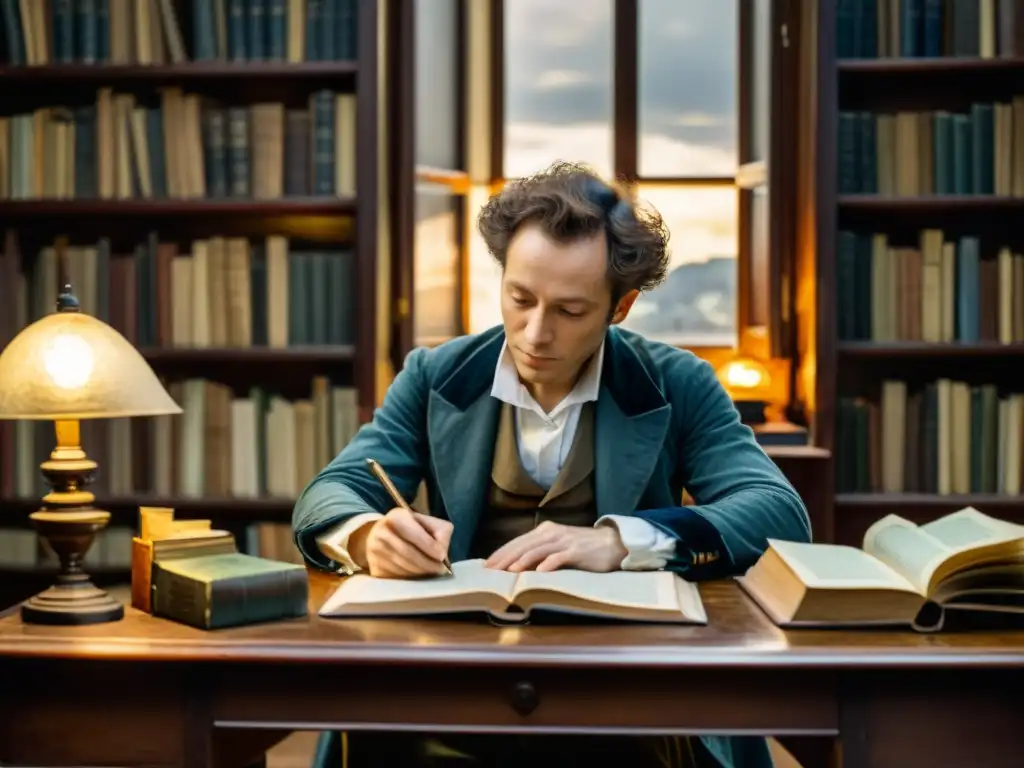 Detallada acuarela de Giacomo Leopardi en su escritorio, rodeado de libros, con expresión melancólica mientras escribe poesía