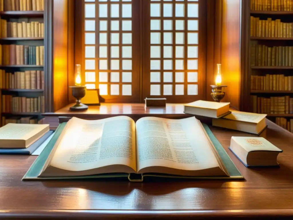 Detallada acuarela de estudio antiguo iluminado con luz dorada, donde se escribe poesía del Siglo de Oro