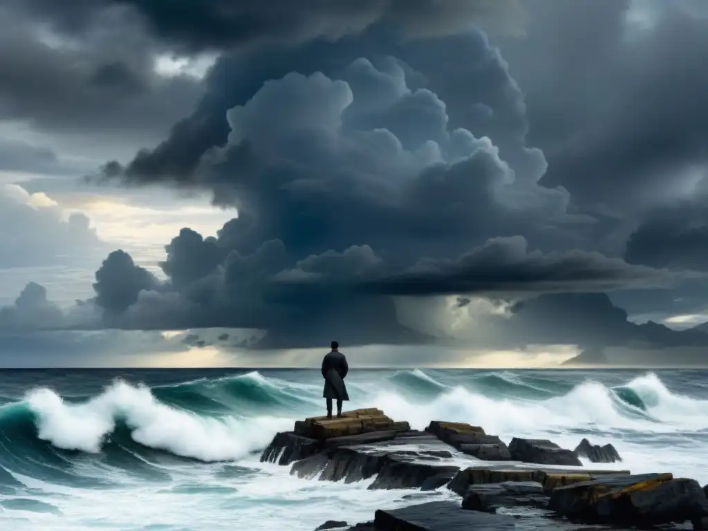 Detallada acuarela: figura solitaria en el borde del mar tumultuoso, reflejando la lucha interior de los 'Poemas de la Locura' de Friedrich Hölderlin