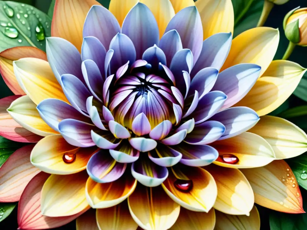 Acuarela detallada de flor en pleno auge Detallada acuarela de una flor en plena floración, con colores vibrantes y gotas de agua, evocando belleza y sensualidad, ideal para curso online poesía sensorial
