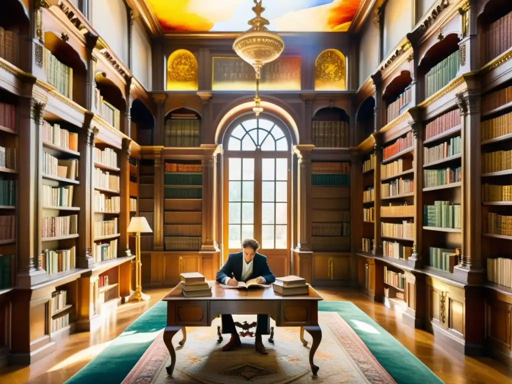 Una detallada acuarela de una gran biblioteca de estilo barroco, con estanterías doradas ornamentadas, frescos en el techo y luz solar que forma patrones coloridos en el suelo