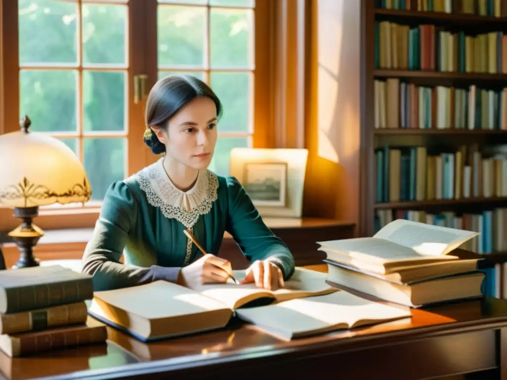 Detallada acuarela de Emily Dickinson en su habitación, rodeada de libros y papeles