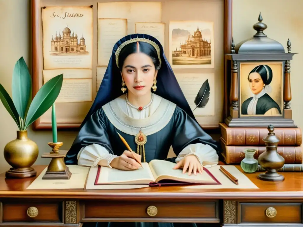 Una detallada acuarela de Sor Juana Inés de la Cruz, rodeada de plumas, tinteros y pergamino