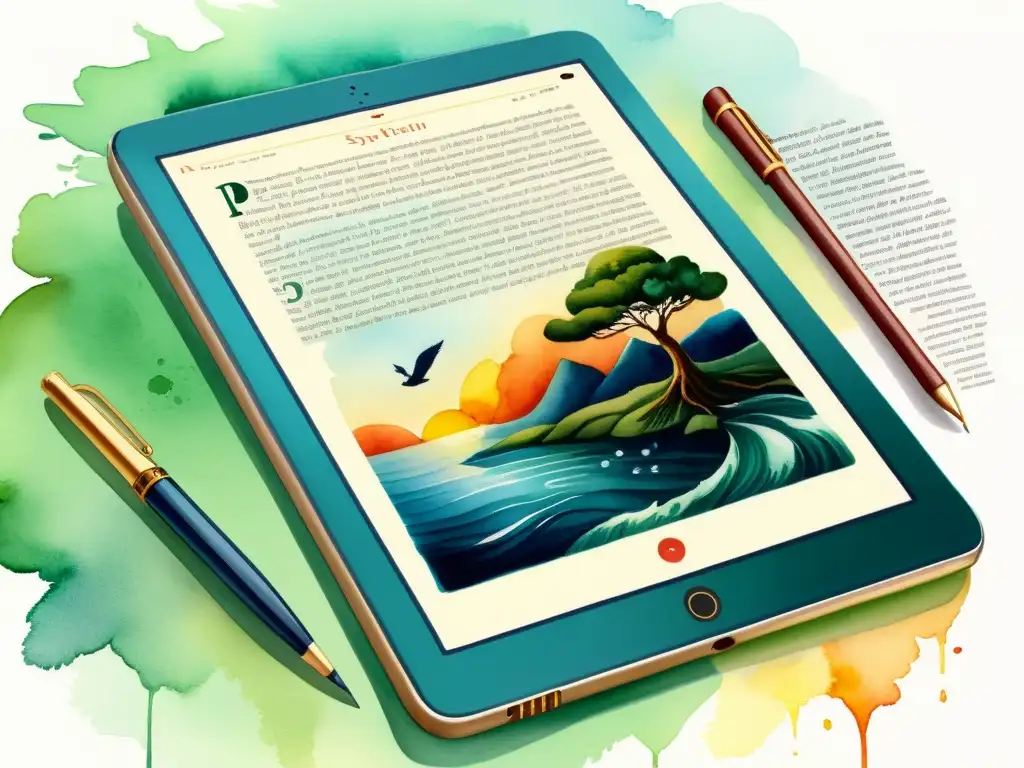 Detallada acuarela muestra libro clásico transformándose en tablet digital, evocando creatividad al adaptar clásicos a micropoesía en redes