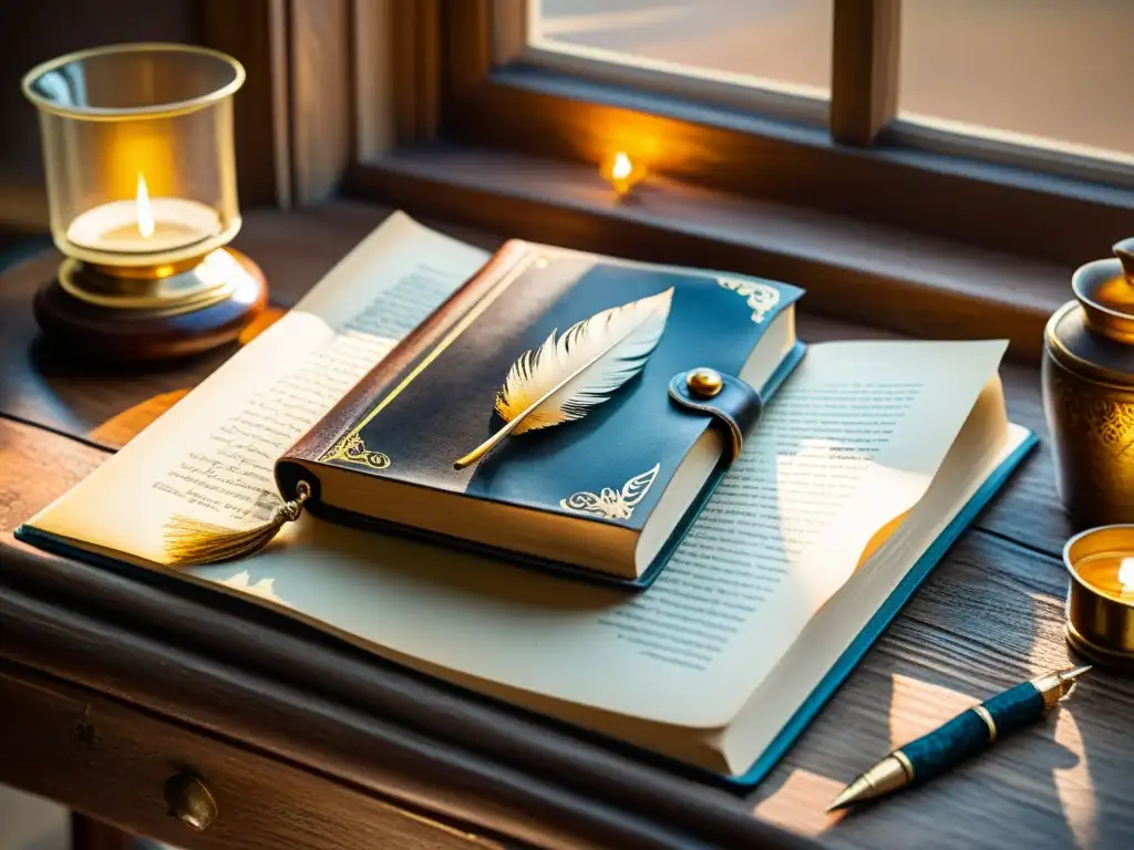 Detallada acuarela de un libro de cuero vintage en una mesa de madera, con pluma y tintero