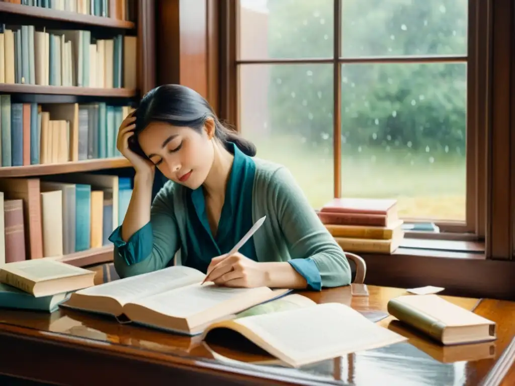 Detallada acuarela de una mujer en su escritorio, rodeada de libros y papeles, con pluma en mano, mirando la lluvia