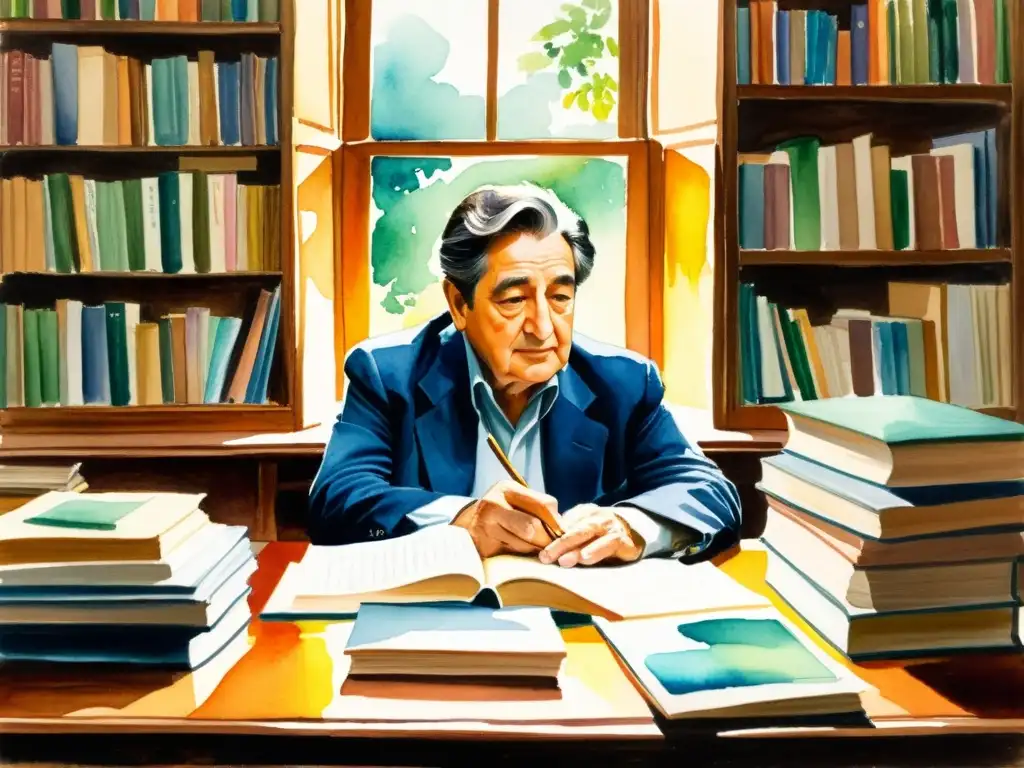 Una detallada acuarela de Octavio Paz en su escritorio, rodeado de libros y papeles