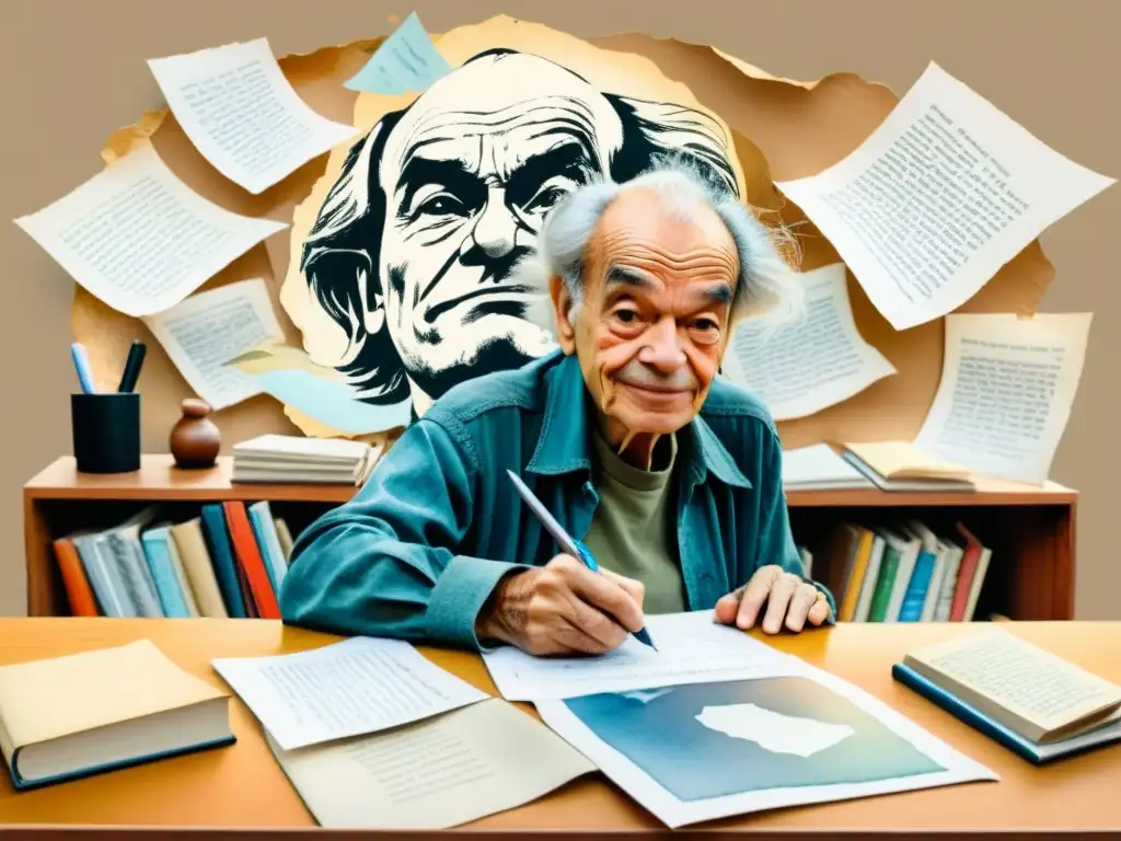 Detallada ilustración en acuarela de Nicanor Parra en su desordenado escritorio, con una expresión traviesa, listo para escribir