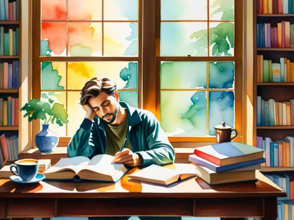 Una detallada acuarela de un poeta en su escritorio, rodeado de libros y una taza de café, bañado por la luz del sol