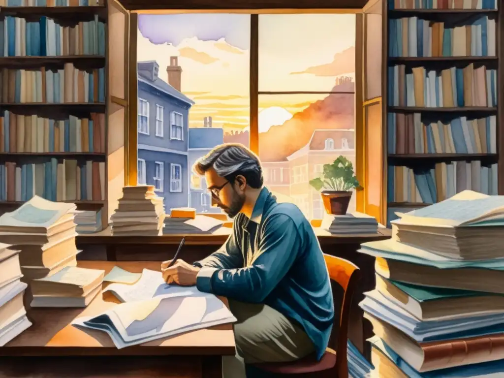 Una detallada acuarela de un poeta en su escritorio, rodeado de libros y papeles