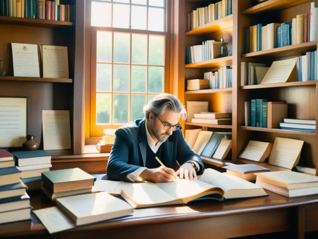 Detallada acuarela de un poeta en su escritorio, rodeado de libros, contemplando el viaje del poeta inspiración libro impreso