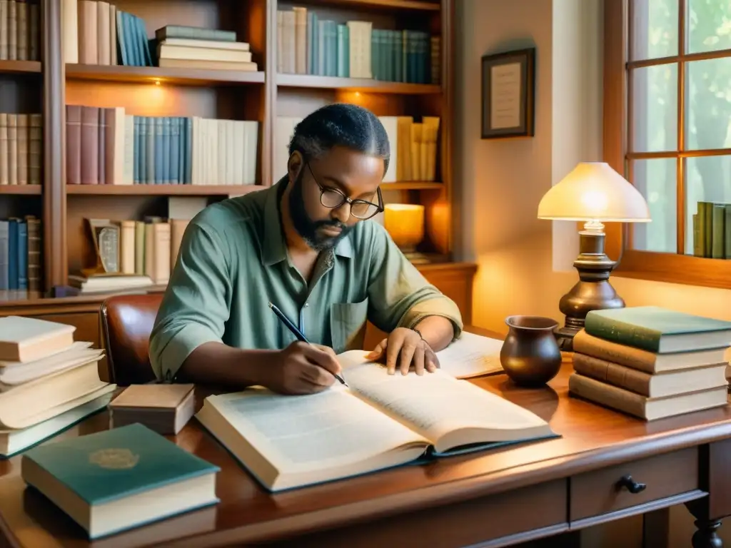 Una detallada acuarela de un poeta escribiendo en su escritorio, rodeado de libros y utensilios de escritura