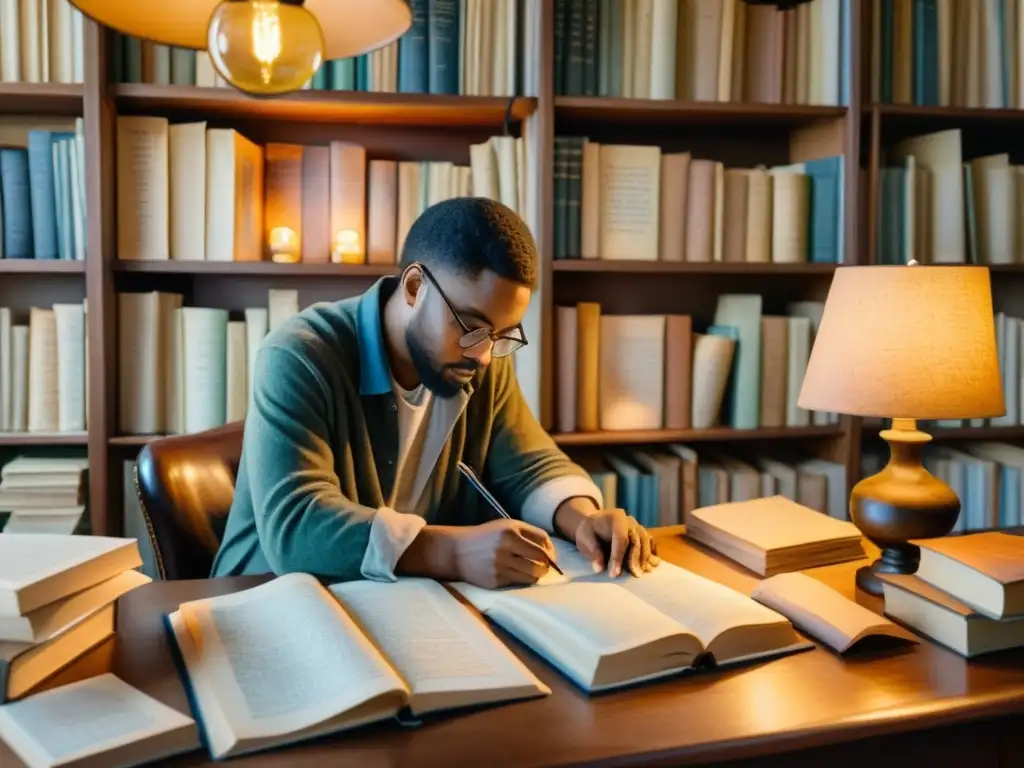 Detallada acuarela de un poeta escribiendo rodeado de libros y poemas, transmitiendo creatividad y pasión