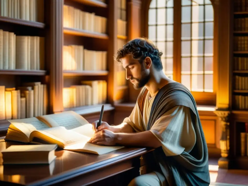 Detallada acuarela de un poeta romano escribiendo en una biblioteca, rodeado de libros y pergaminos, con una atmósfera tranquila y cálida