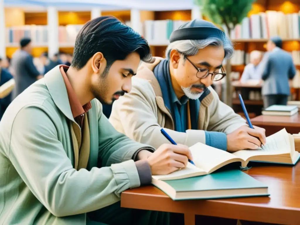 Detallada acuarela de dos poetas de diferentes países colaborando en una feria del libro internacional, inmersos en una cálida conversación creativa