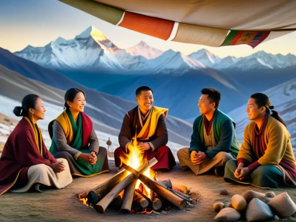 Ilustración detallada en acuarela 8k de poetas tibetanos reunidos alrededor de una fogata, rodeados de montañas nevadas y banderas de oración