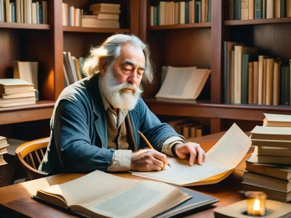 Detallada acuarela de Walt Whitman en su revolución poética, inmerso en la escritura frente a una cálida luz de vela