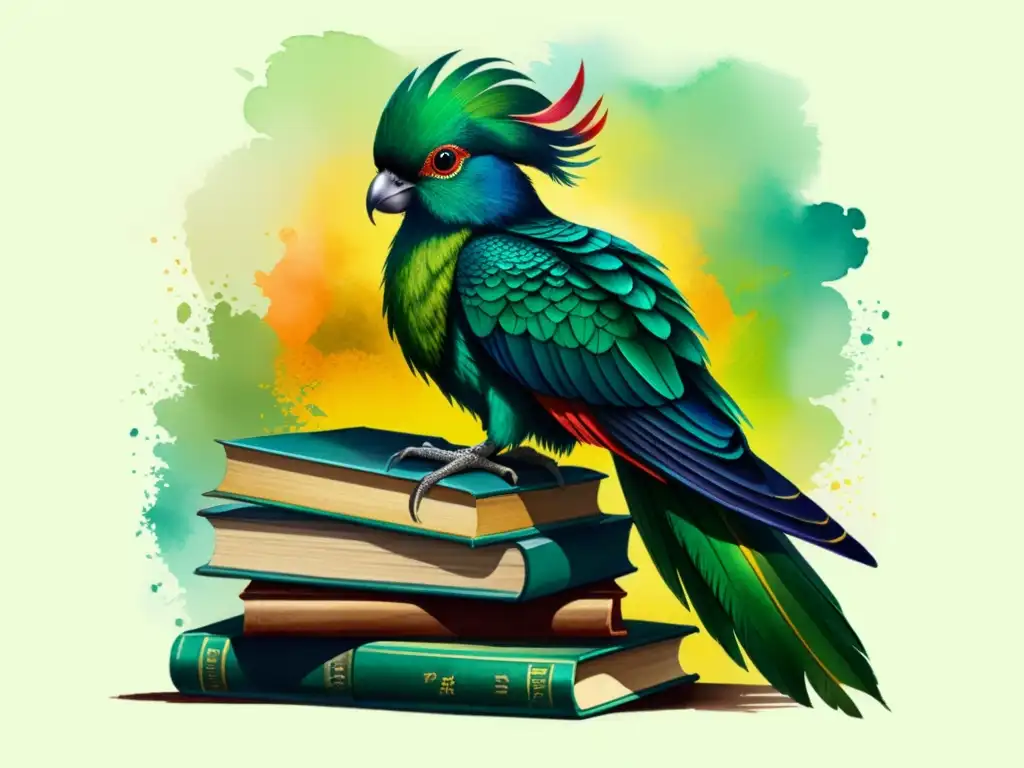 Detallada acuarela de un quetzal sobre libros antiguos, evocando poesía a través de culturas