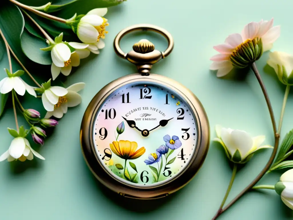 Detallada acuarela de un reloj de bolsillo vintage entre flores, con versos poéticos, inspirando una atmósfera nostálgica y soñadora