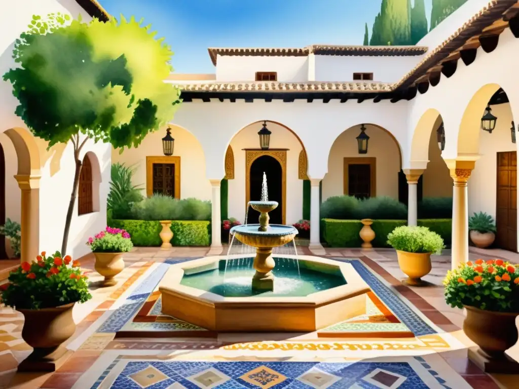 Detallada acuarela de un sereno patio andaluz con azulejos, jardín exuberante y fuente