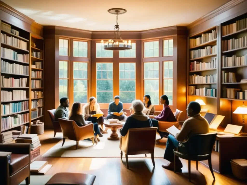 Detallada acuarela de un taller de declamación de poesía, con ambiente cálido y sereno, donde diversas personas recitan apasionadamente