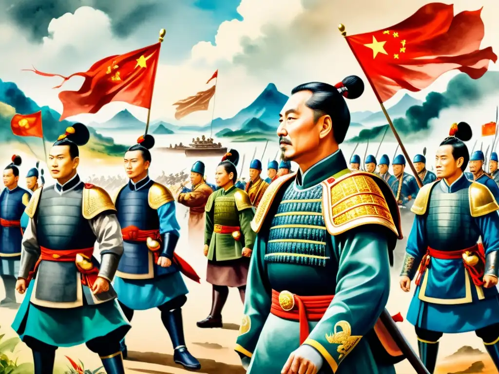 Detallada ilustración acuarela de antiguos generales militares chinos en estrategia de guerra, con armaduras, paisajes vibrantes y poesía militar china traducción