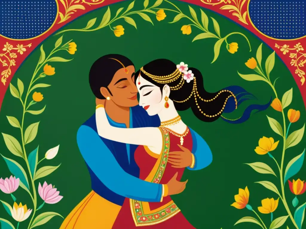 Ilustración detallada de un apasionado abrazo entre amantes en estilo de pintura en miniatura india, con ricos colores y patrones