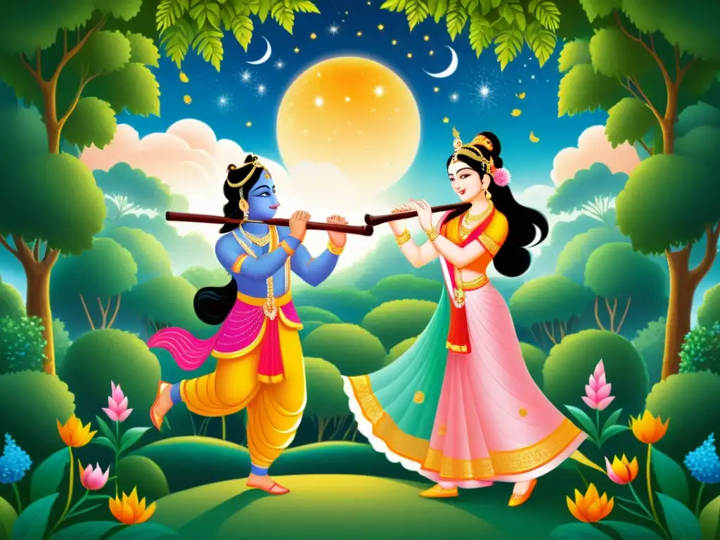 Ilustración detallada de Radha y Krishna en un escenario divino del Gita Govinda