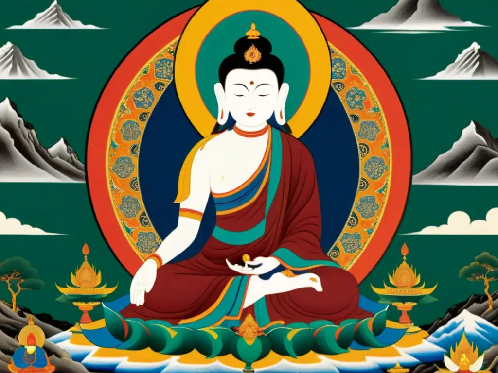 Thangka detallada de Atisha, poesía y espiritualidad del budismo tibetano