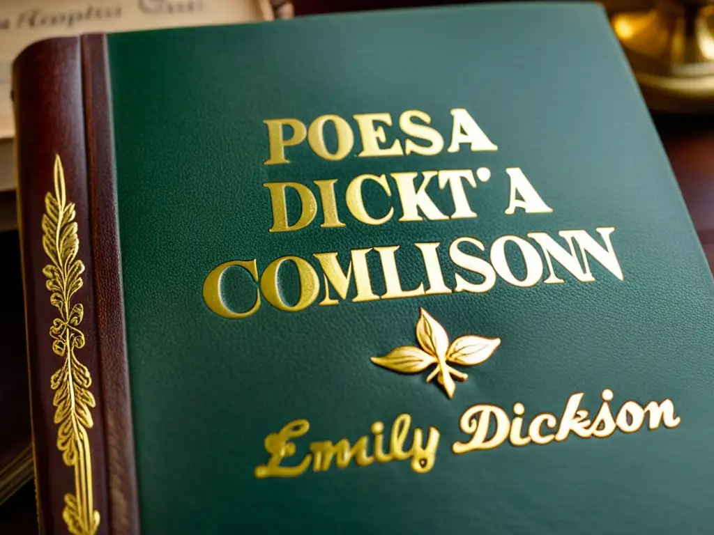 Detallada imagen de la antigua portada de 'Poesía Completa de Emily Dickinson', con diseño de hojas de oro