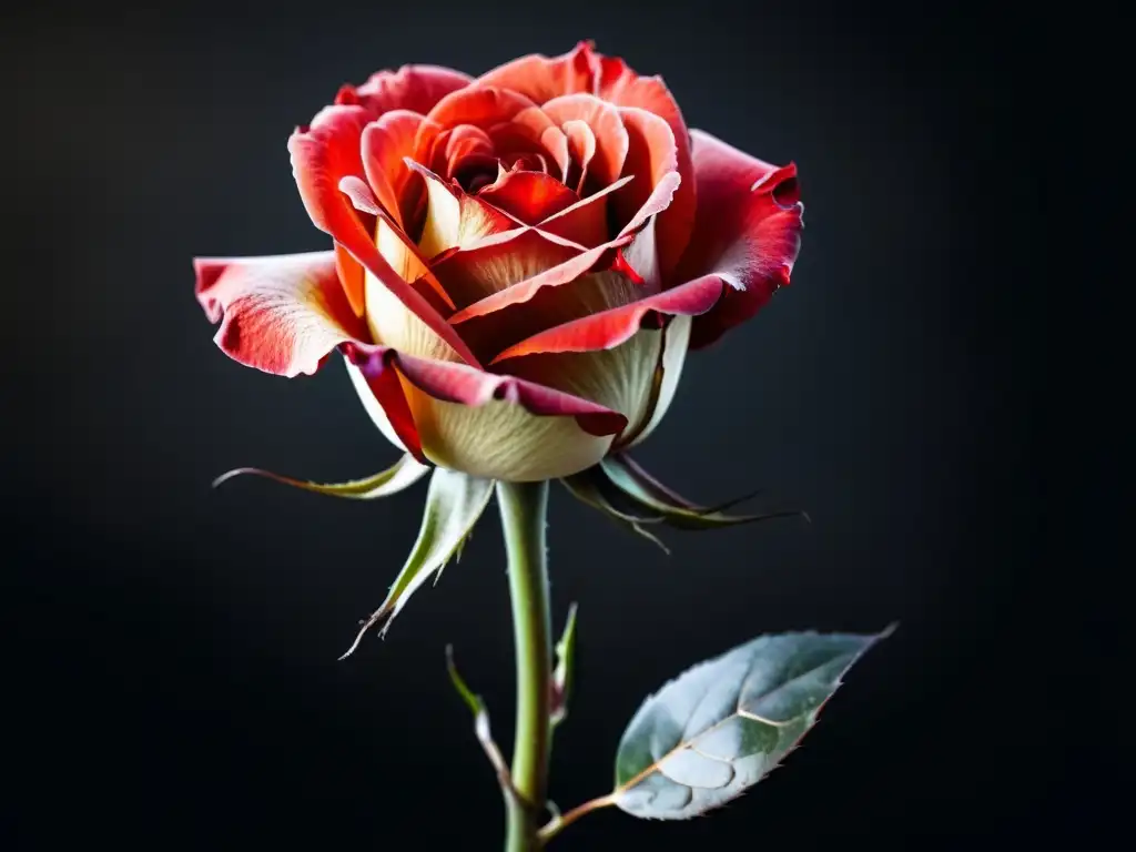 Detallada imagen 8k de una rosa roja marchita, evocando el tema de la mortalidad en los 'Sonetos de la muerte' de Gabriela Mistral