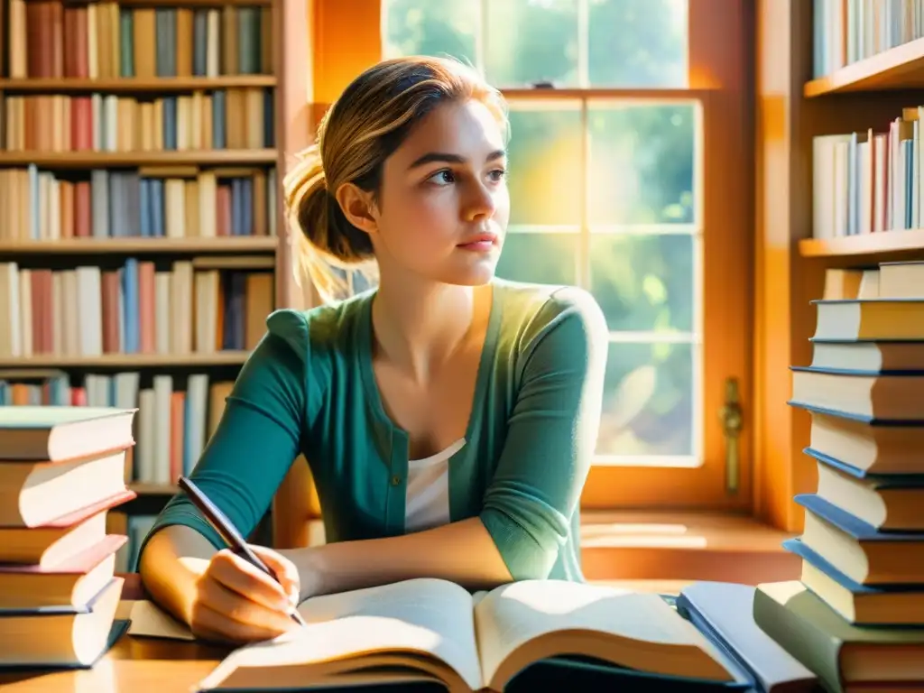 Ariel Sylvia Plath análisis poesía: Acuarela detallada de una joven rodeada de libros, con expresión determinada, luz cálida iluminando la escena