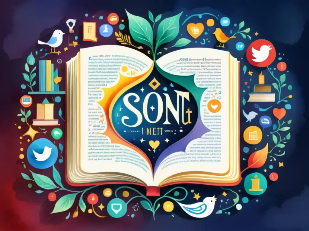 Detallada ilustración acuarela de un libro de sonetos rodeado de vibrantes íconos de redes sociales, fusionando poesía clásica en la era digital