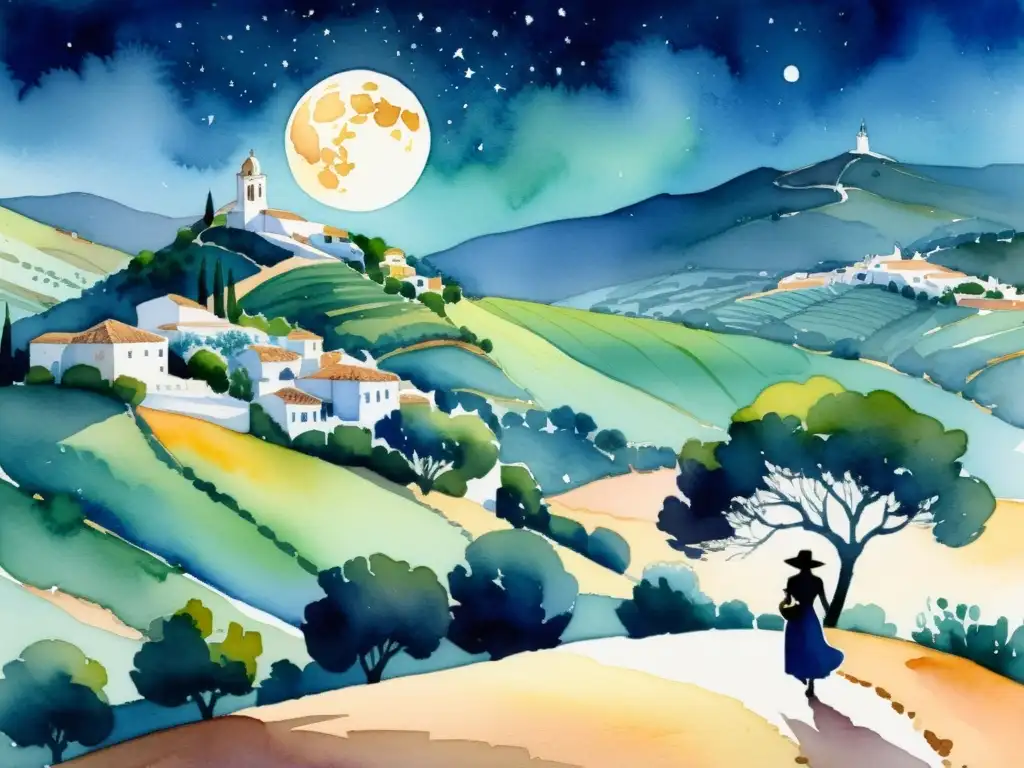 Ilustración detallada acuarela de paisaje andaluz a la luz de la luna, con aldea entre colinas, figura solitaria y guitarra flamenca