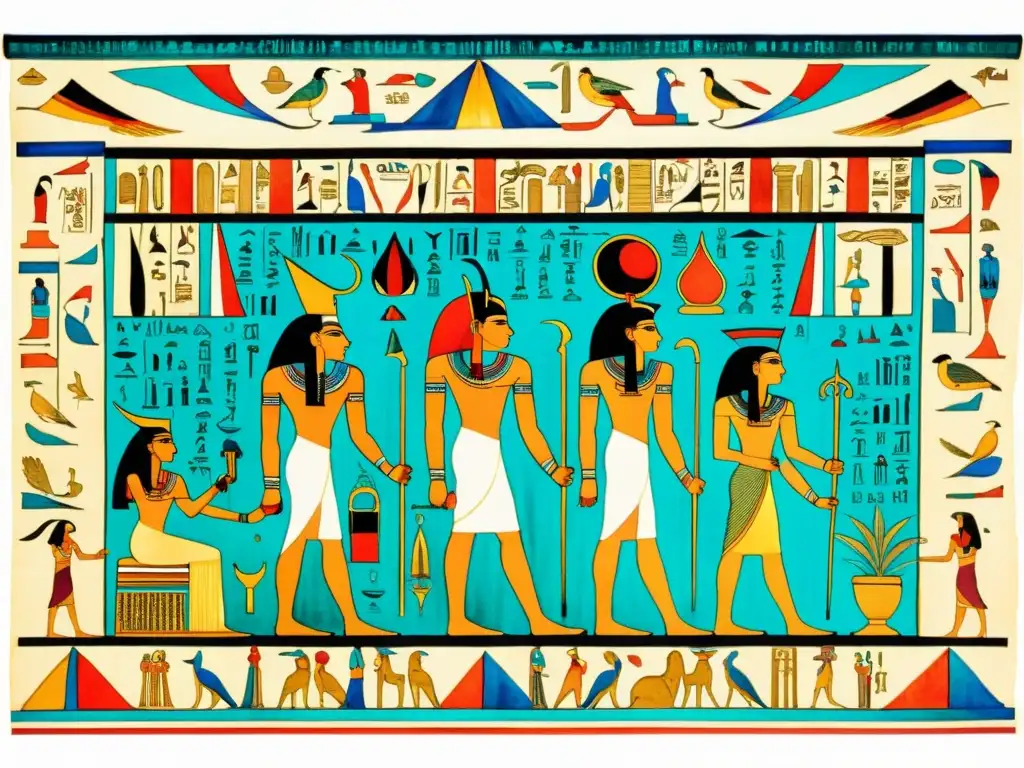 Una detallada pintura acuarela de un antiguo papiro egipcio con hieroglíficos, dioses y la transcendencia poética en el antiguo Egipto