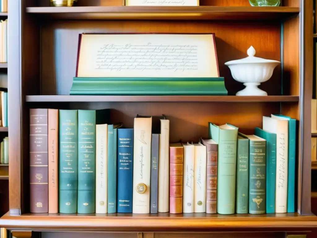 Detallada pintura acuarela de estantería vintage llena de primeras ediciones de poesía con autógrafos, iluminada suavemente, invita a la búsqueda autógrafos poéticos primera ediciones