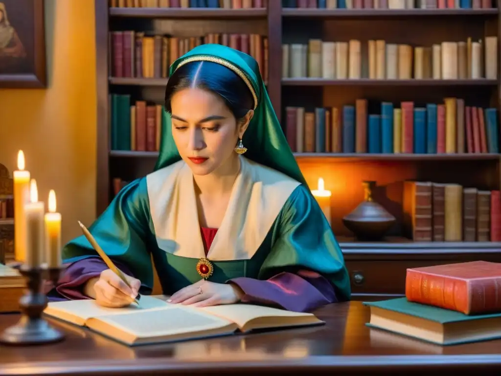 Una detallada pintura acuarela de Sor Juana Inés de la Cruz escribiendo en un escritorio de madera, rodeada de libros y pergamino