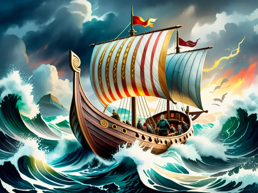 Detallada pintura acuarela de un majestuoso drakkar vikingo surcando mares tormentosos, con un cielo dramático lleno de nubes y relámpagos