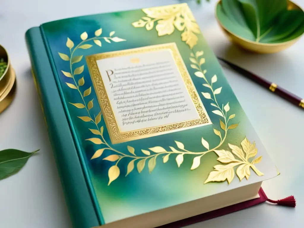 Detalles dorados: Pintura acuarela de libro de poesía Detallada pintura acuarela de libro de poesía raro con ilustraciones acuarela y detalles en oro