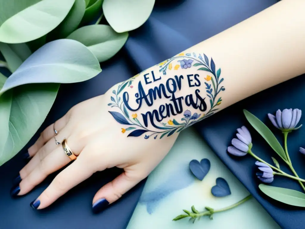 Detallada ilustración de tatuaje temporal con frase poética en delicado brazo, rodeado de flores acuarela