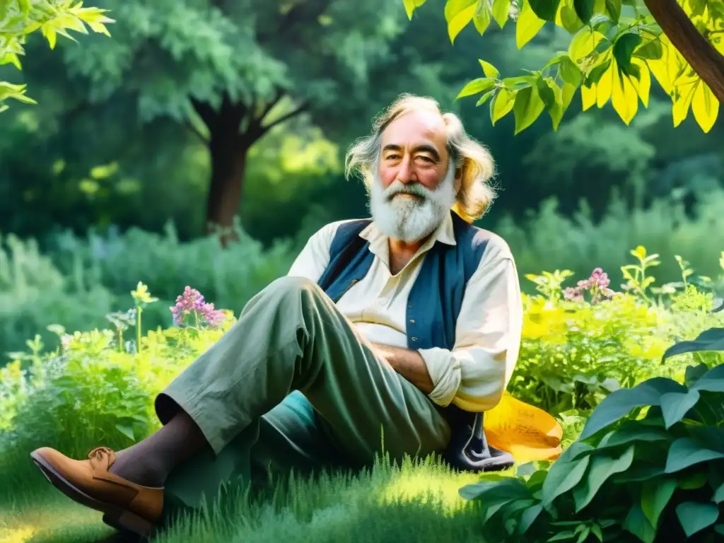 Un detallado acuarela de Walt Whitman rodeado de flores silvestres y vegetación exuberante