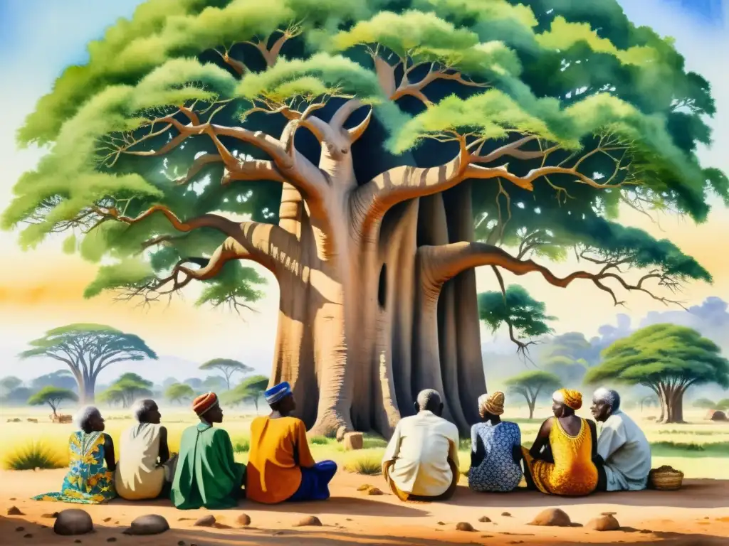 Un detallado cuadro de acuarela de ancianos africanos recitando poesía bajo un baobab