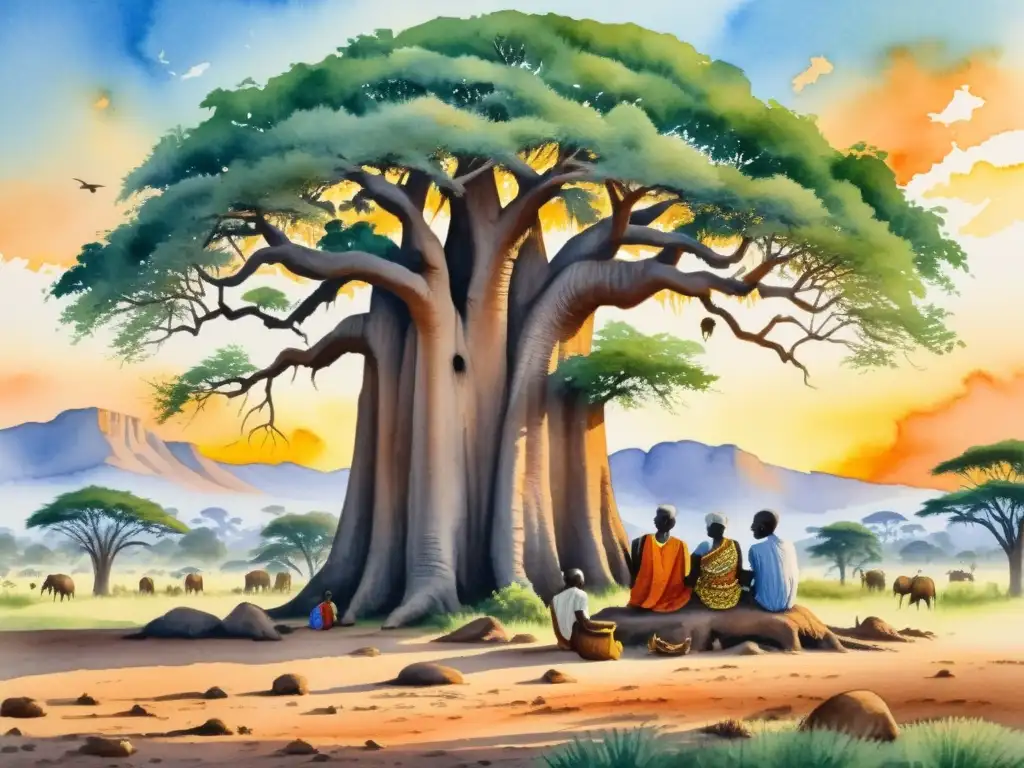 Un detallado cuadro acuarela de ancianos africanos recitando poesía bajo un baobab, rodeados de naturaleza exuberante y fauna vibrante